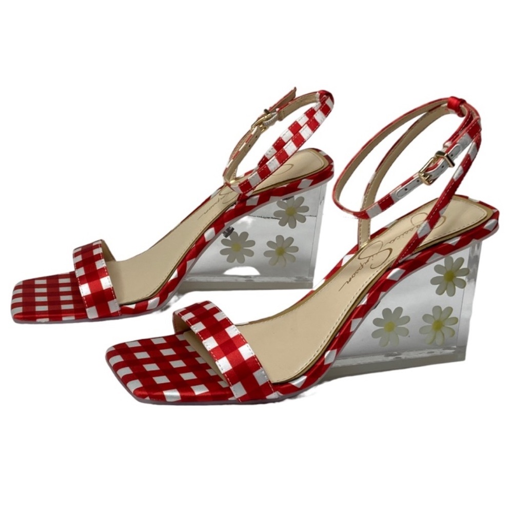 Jessica Simpson Aysie red gingham sandal with daisy acrylic heel